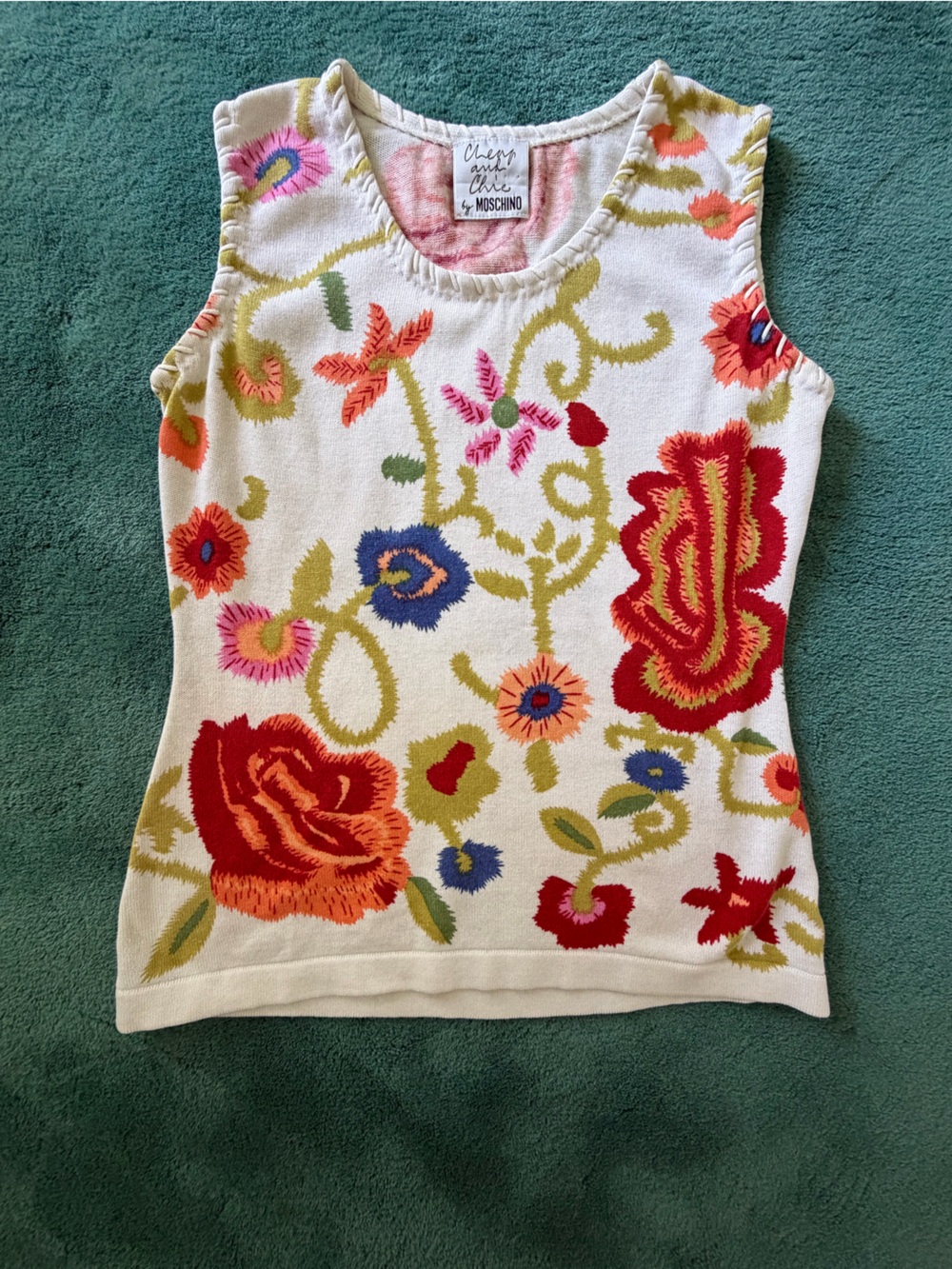 Moschino Cream Knit Tank with Multicolor Floral Pattern